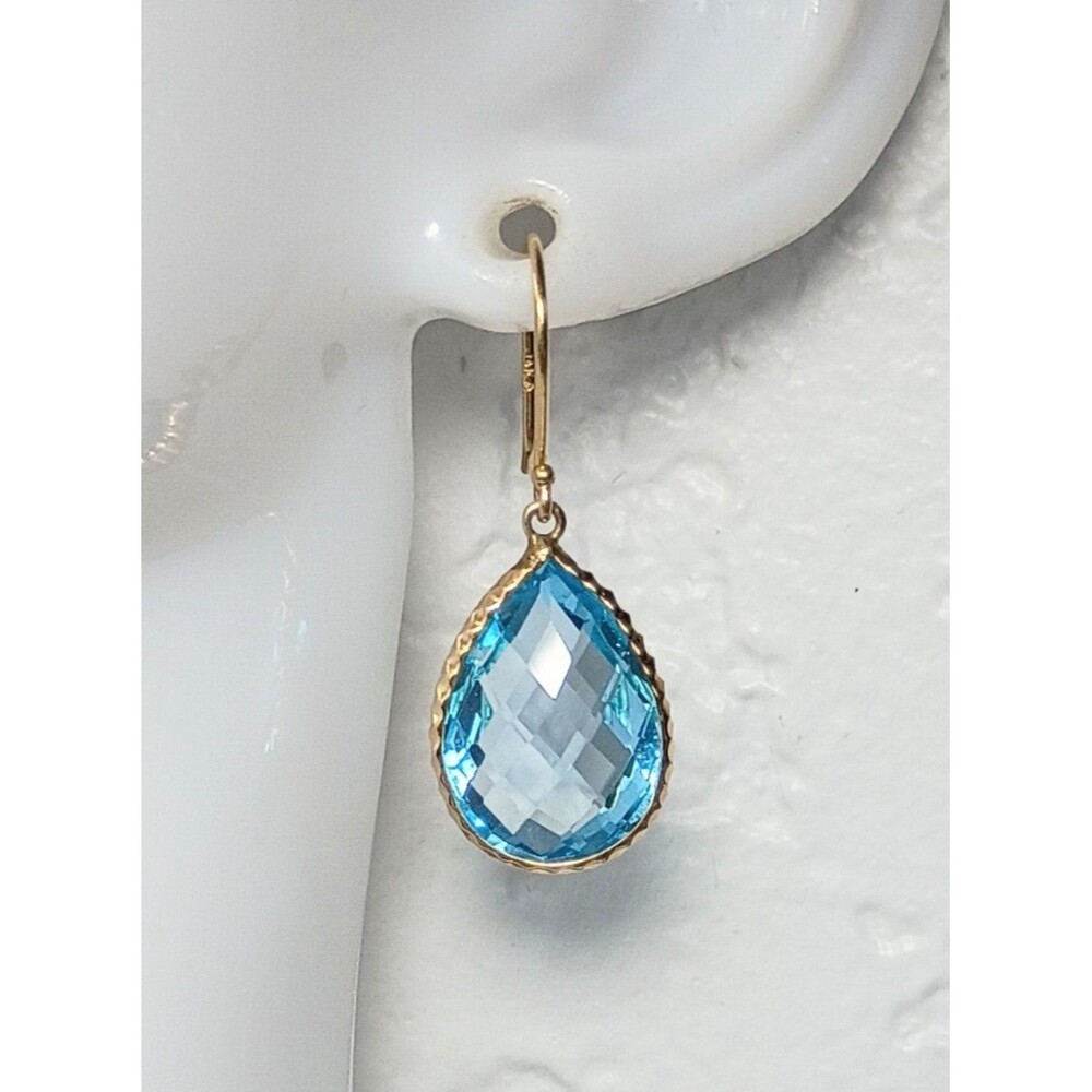 14K Yellow Gold Swiss Blue Topaz Drop Dangle French Wire Earrings - Picture 7 of 12